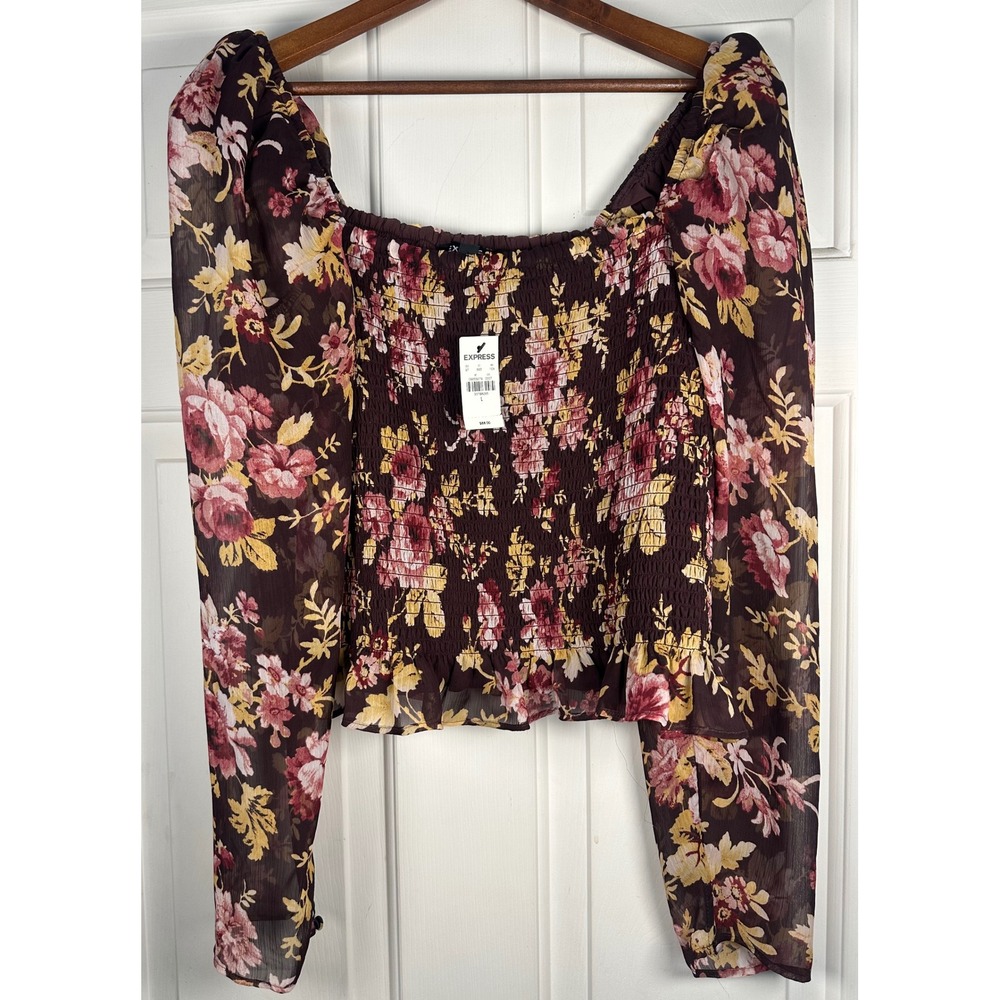 Express Womens L Y2K Floral Peasant Smocked Crop Top‎ Burgundy Long Sleeve NWT